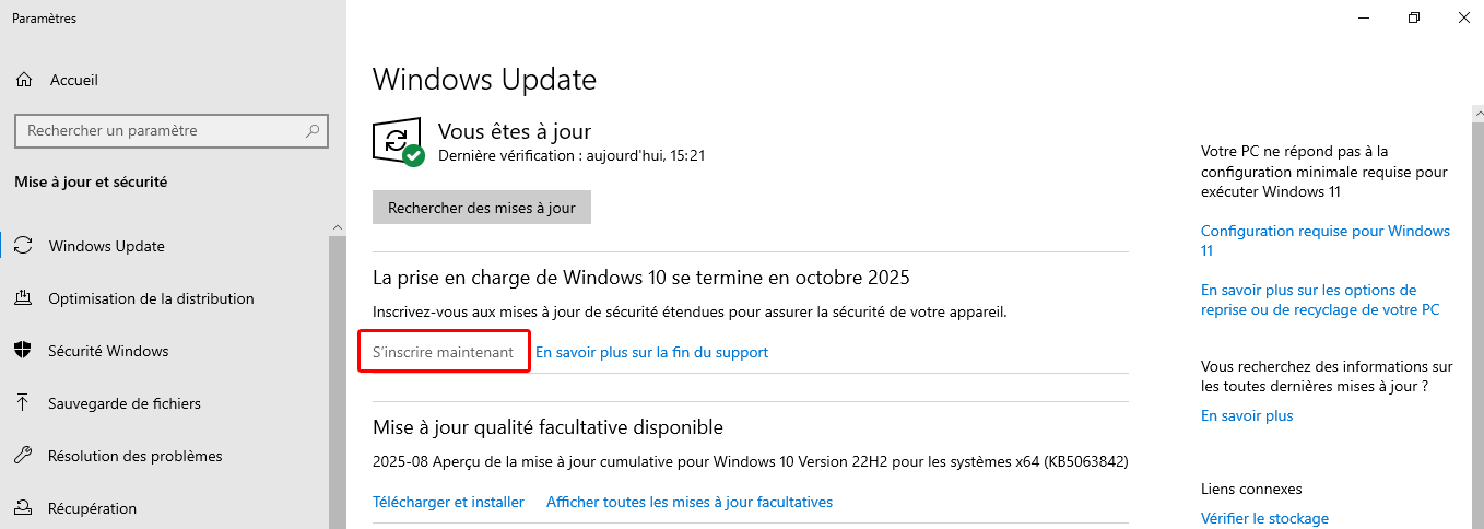 S'inscrire au maj ESU pour maintenir W10 à jour